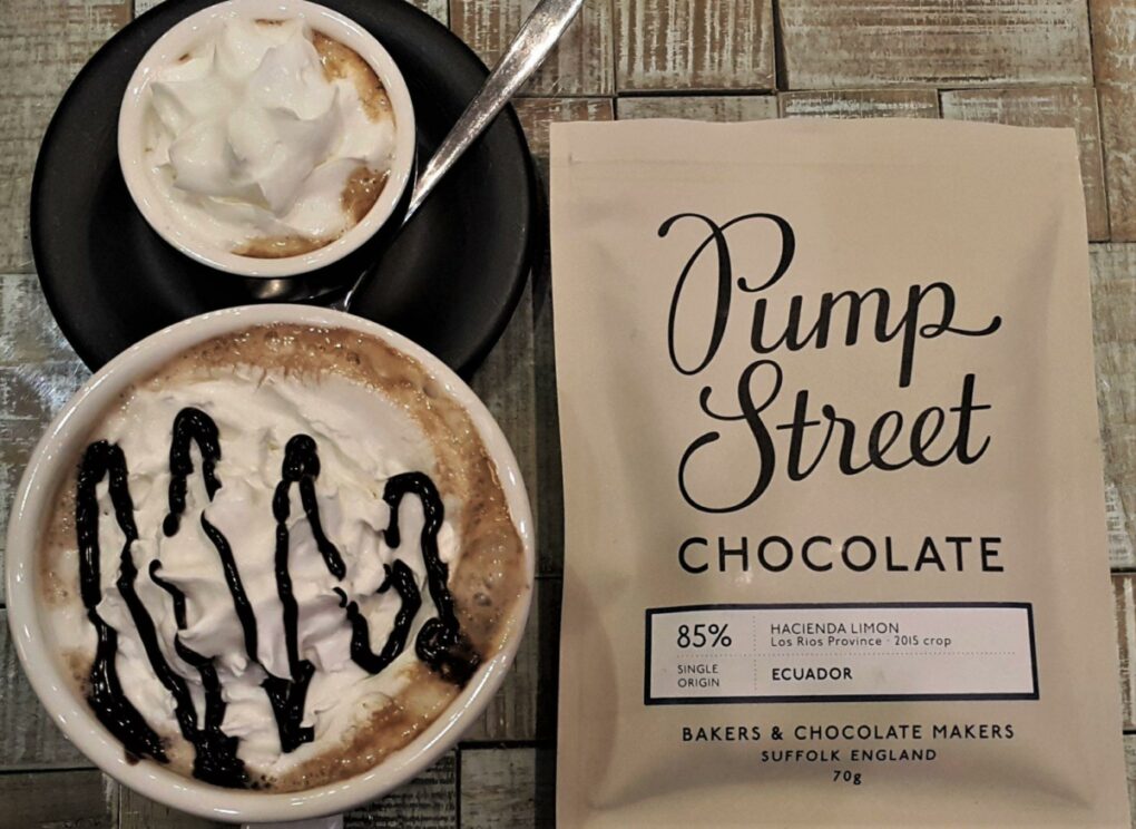 Pump Street Bakery Chocolate Ecuador Hacienda Limon 85% Front of Bar Packaging with Coffee