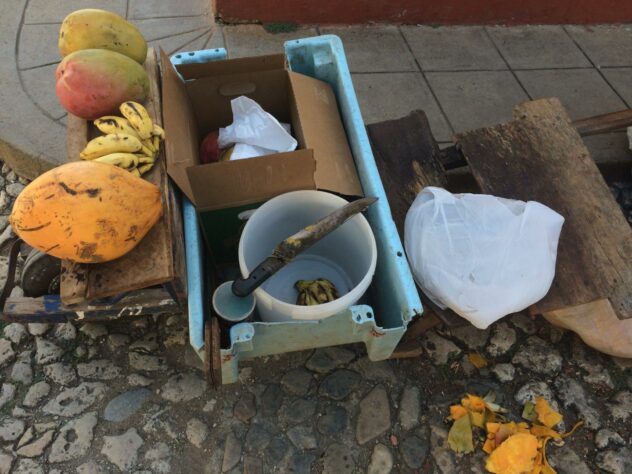 A makeshift fruit stand in Trinidad, Cuba, with mangoes and bananas